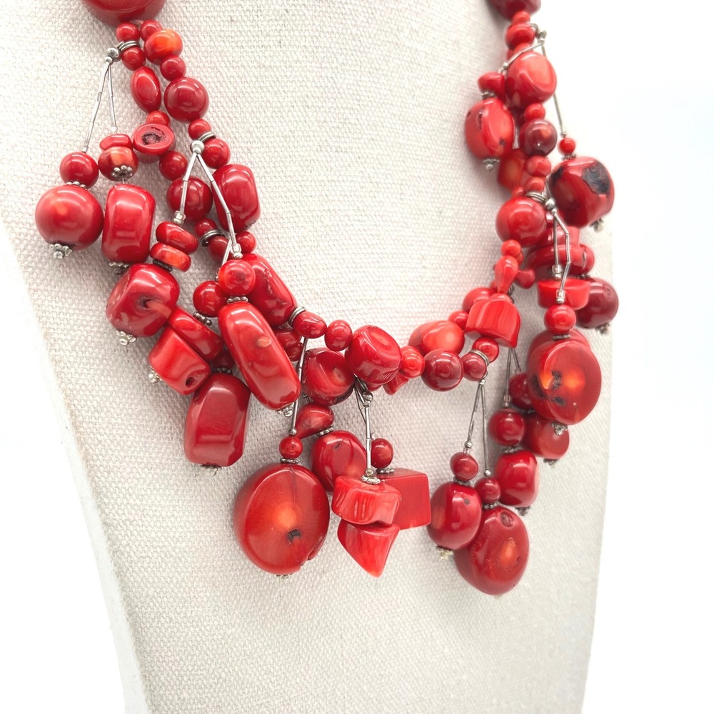 Chunky Red Coral Bead Statement Bib Necklace Silver Tone Hook Closure 22in